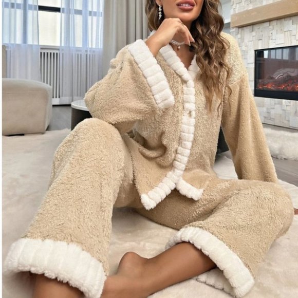 Soft Flannel button down shirt with pants Tan PJ Set - Picture 5 of 7